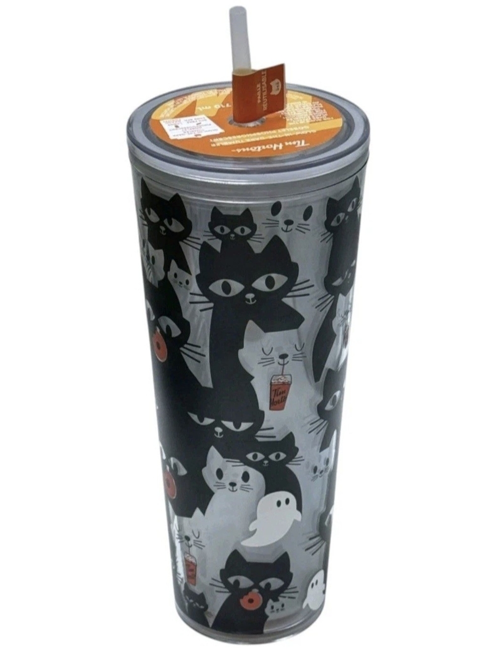 New Tim Hortons Tumbler Halloween Black Cats Glow in Dark 24 oz 2025 Limited Ed